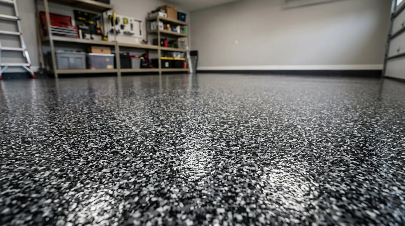 Close-up of charcoal decorative flake epoxy texture