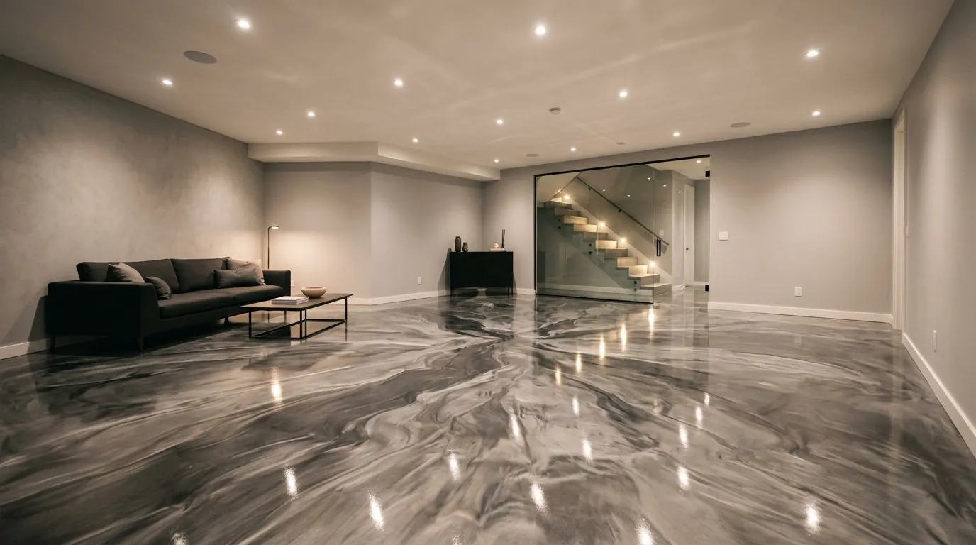 Marbled graphite metallic epoxy floor in a basement lounge