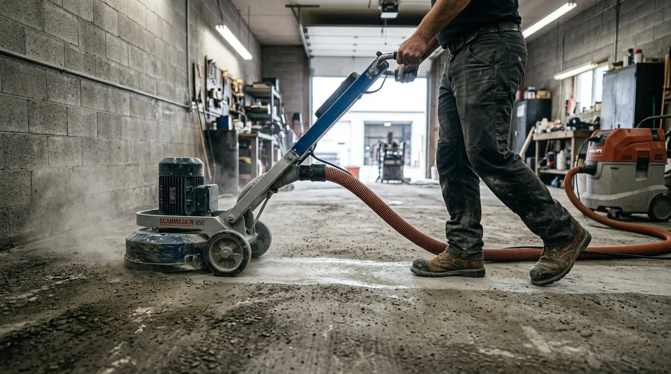 A Coat Crafters team member grinding a concrete floor in preparation for coating