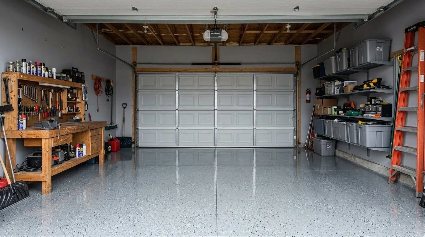 Garage floor in the Glacier Grey epoxy finish — design visualization