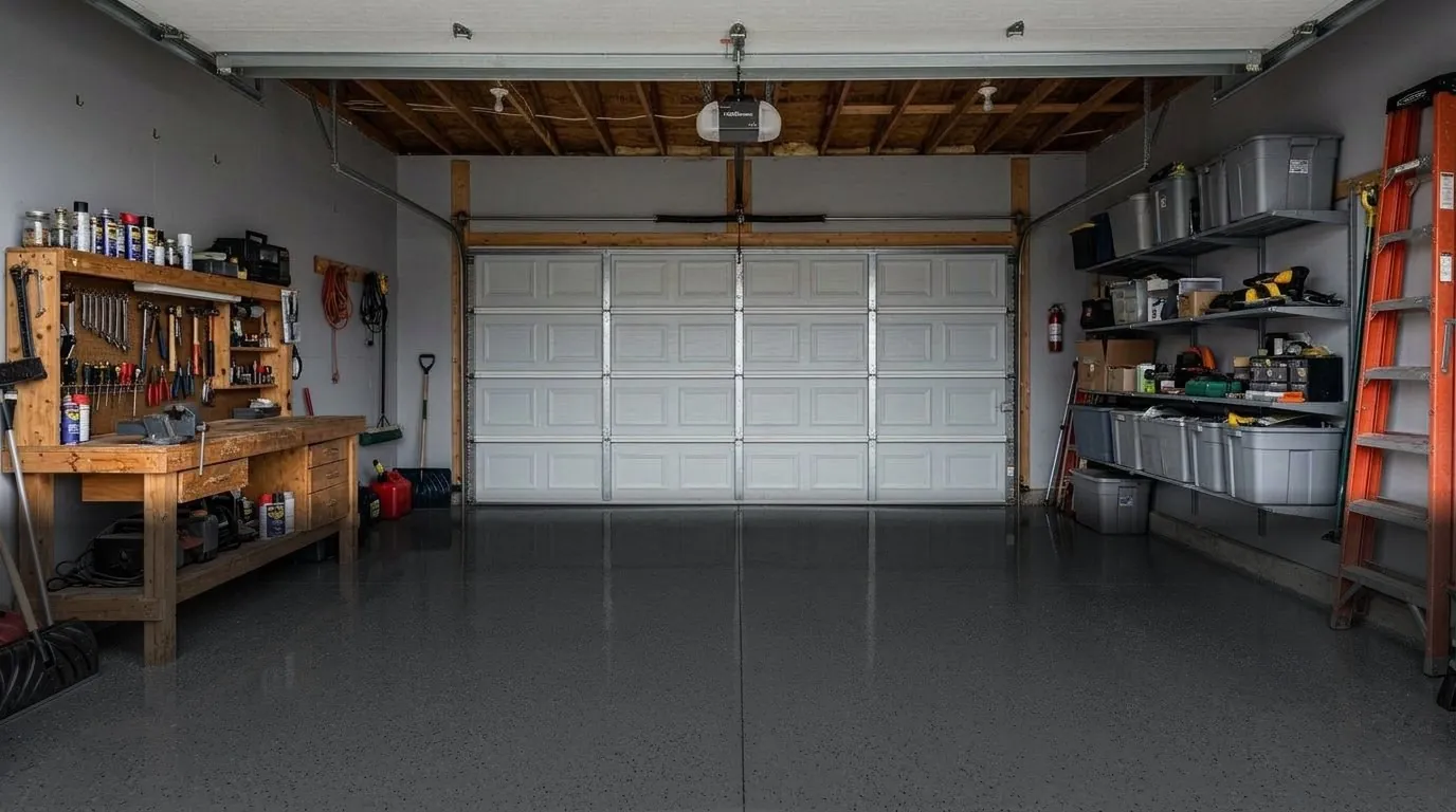 Garage floor visualized in a near-black midnight epoxy