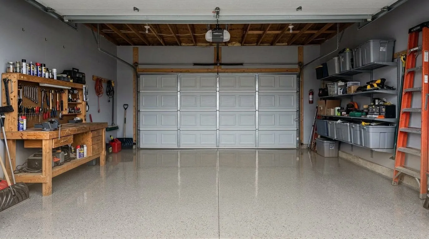 Garage floor visualized in a warm sandstone flake epoxy