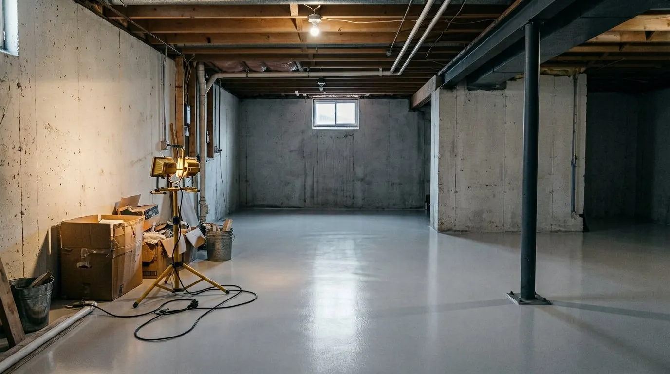 Basement floor in light-grey satin epoxy