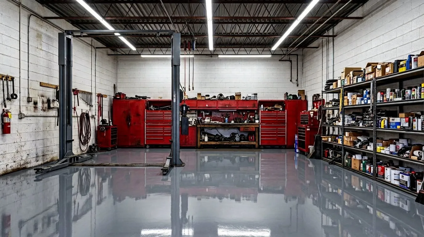Commercial workshop floor in high-build grey epoxy