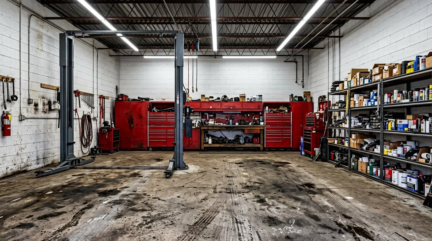 Commercial workshop with worn concrete floor before coating