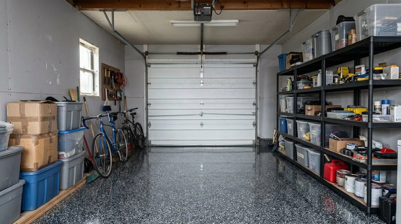 Single-car garage floor in charcoal flake epoxy