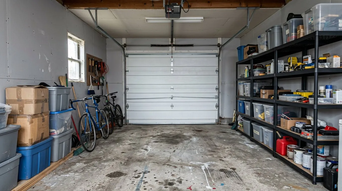 Single-car garage with stained concrete before coating