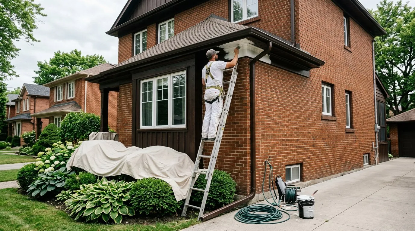 Painter refreshing exterior trim on a two-storey Ontario home — concept image