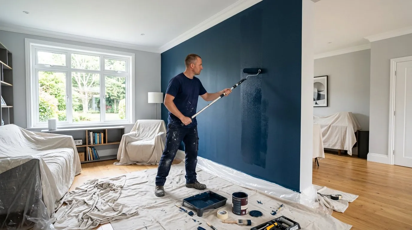 Painter rolling a deep navy feature wall with crisp ceiling lines — concept image